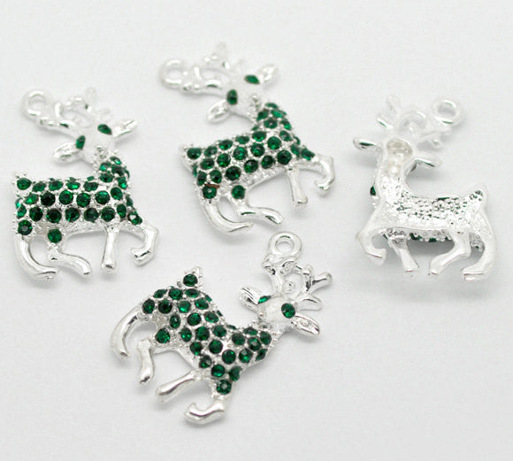 1 Silver Green RHINESTONE REINDEER Christmas Charm Pendant . green pave crystals  chs0949