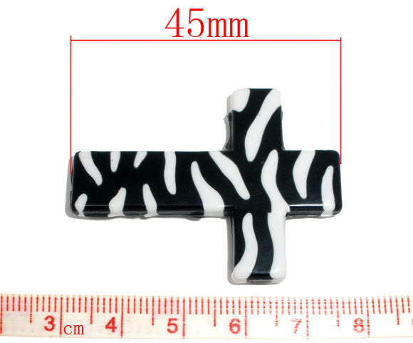 4 Zebra Stripe Print Lucite CROSS beads, black and white . bac0234
