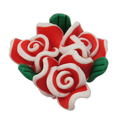 4 RED, WHITE, and GREEN Polymer Clay Triple Rose Flower Beads  23x15mm pol0029