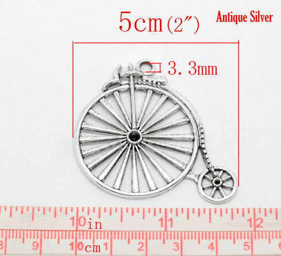 2 Silver Pewter PENNY FARTHING Old Fashioned Bicycle Charm Pendants  50x46mm . chs0279