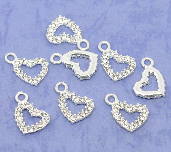 4 Silver Plated RHINESTONE CRYSTAL Heart Charm Pendants  19x13mm chs2097