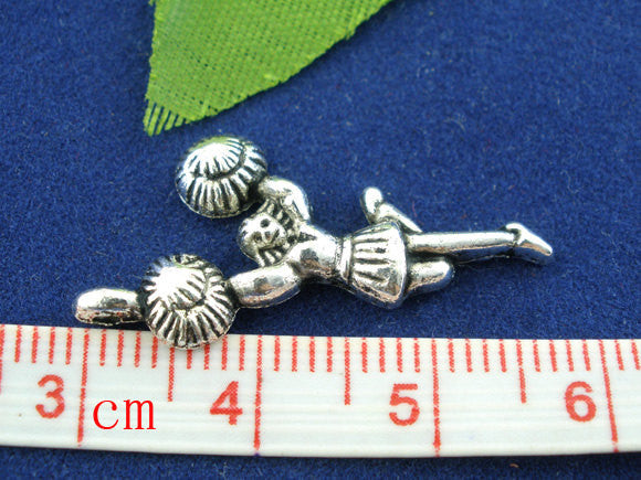 10 Antique Silver CHEERLEADER Cheer Charm Pendants .  28x13mm  chs0585