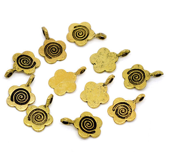 6 Antique Gold Tone Metal FLOWER Swirl Glue-On Bails for Pendants  15x11mm   flat back . fba0034