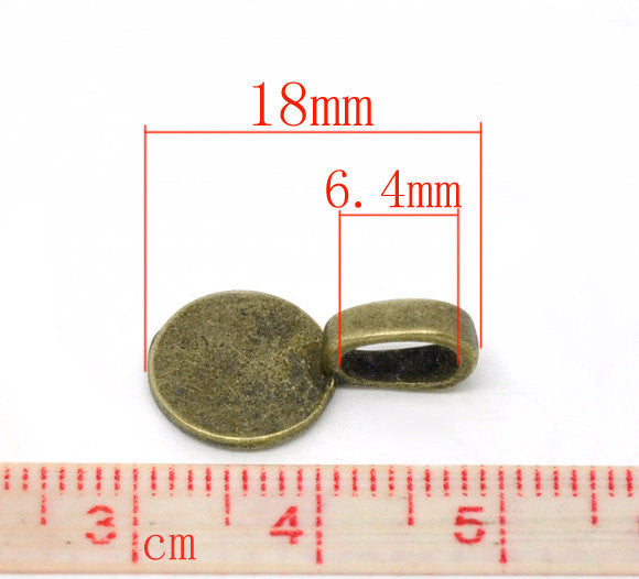 10 Antique Bronze Tone Metal CIRCLE DISC Round Glue-On Bails for Pendants 18x10mm flat back fba0049