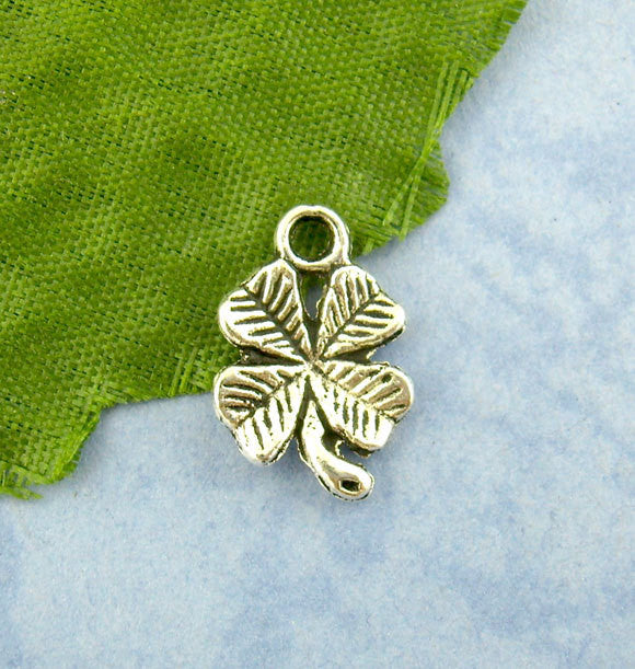 10 Antique Silver LUCKY 4-LEAF Clover Pendant Charms  15mm x 11mm . chs0753