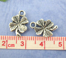 10 Antique Silver LUCKY 4-LEAF Clover Pendant Charms  15mm x 11mm . chs0753