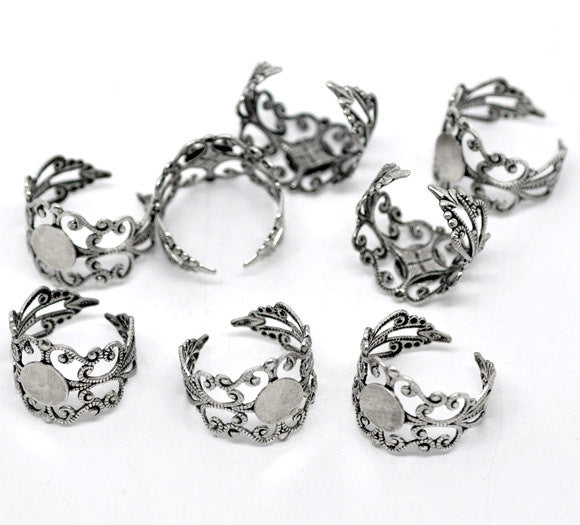 ANTIQUE SILVER METALLIC Brass Metal Ring Blanks . fully adjustable sizing . 10 pieces . fin0082