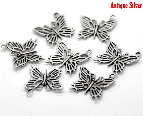 4 Silver Tone Metal BUTTERFLY Charm Pendants . 20x20mm (3/4"x3/4")  chs0848