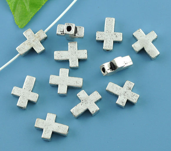 10 Silver Tone Metal Sideways Cross Beads Crosses 15x12mm bme0105