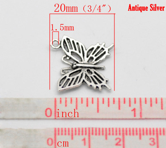 4 Silver Tone Metal BUTTERFLY Charm Pendants . 20x20mm (3/4"x3/4")  chs0848