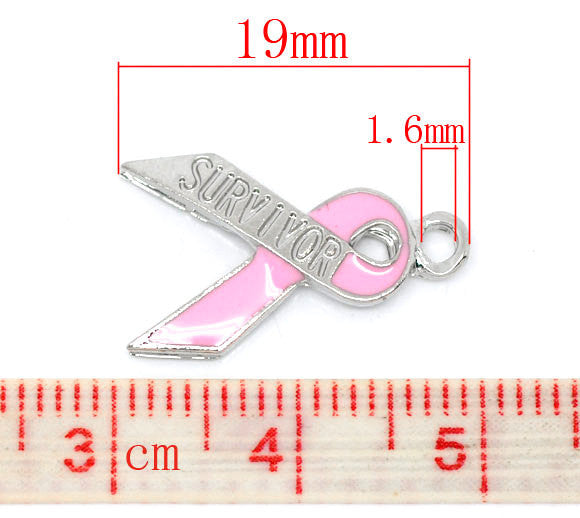 4 Silver and Pink BREAST CANCER Awareness Survivor Ribbon Charms or Pendants 19mm x 11mm che0143