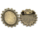 2 Antique Bronze Cameo Frame Setting Brooch Pins  3.5cm x 3cm (Fits 25x18mm oval cabochons)  pin back FIN0432