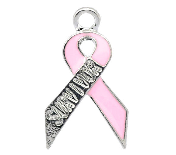 4 Silver and Pink BREAST CANCER Awareness Survivor Ribbon Charms or Pendants 19mm x 11mm che0143