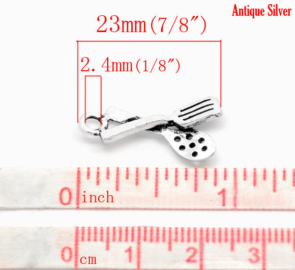 4 Silver Tone Baking SPOON and SPATULA Grilling Food Foodie Charms Pendant Findings 22x12mm chs0632