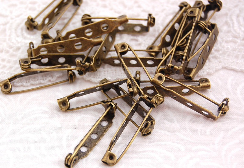 30 ANTIQUE BRONZE GOLD Metal Pin Backs, 27mm long pin0065