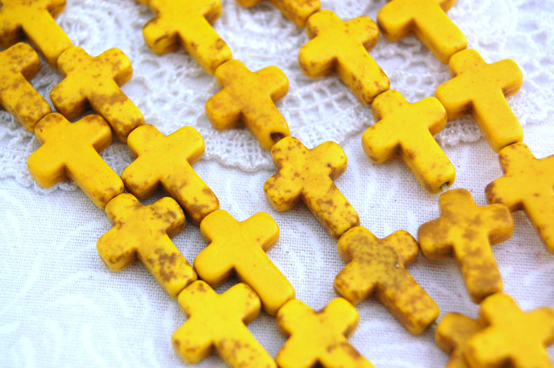 1 Strand Small Howlite Cross Beads, 16x12mm,  Yellow Sideways cross how0086