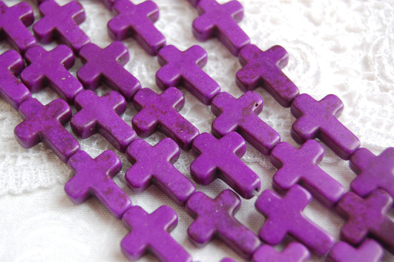 1 Strand Small Howlite Stone Cross Beads in Grape Purple 16x12mm. Sideways cross how0060