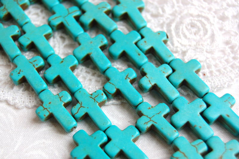 1 Strand, 24 beads . Small Stone Cross Beads in TURQUOISE BLUE 16mm x 12mm how0048