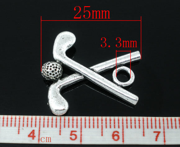 8 Crossed GOLF CLUBS and Ball Charm Pendants  25x22mm . chs0351