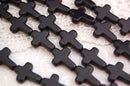 16x12mm Small Howlite Cross Beads in BLACK . Sideways cross, full strand, about 24 beads, how0135