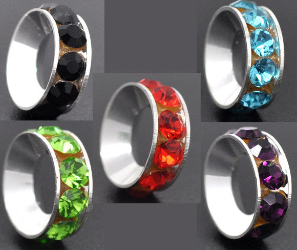 5 Silver Tone Rhinestone Rondelle Spacers Beads 14x5mm Large Hole, European Beads bme0025