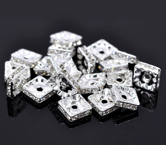 10mm CLEAR Rhinestone Crystal Squaredelle Square Spacer Beads . 10 pieces . bme0230