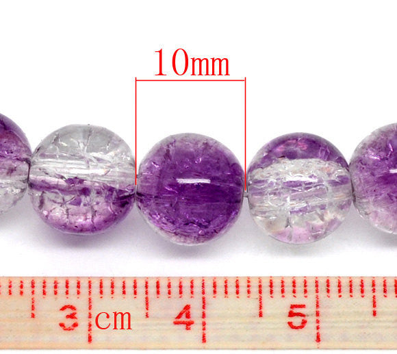 30 Crackle Glass GRAPE PURPLE and CLEAR Round Glass Beads . 10mm . always shipped from the usa . bgl0338