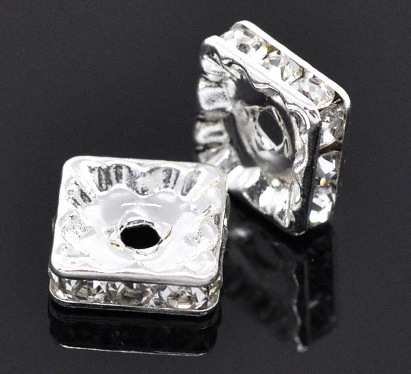 10mm CLEAR Rhinestone Crystal Squaredelle Square Spacer Beads . 10 pieces . bme0230