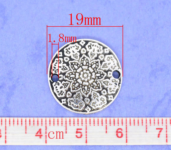 10 Silver Pewter Metal Round MANDALA  FLOWER Circle 2-hole Connector Charm Beads 19mm  chs0939