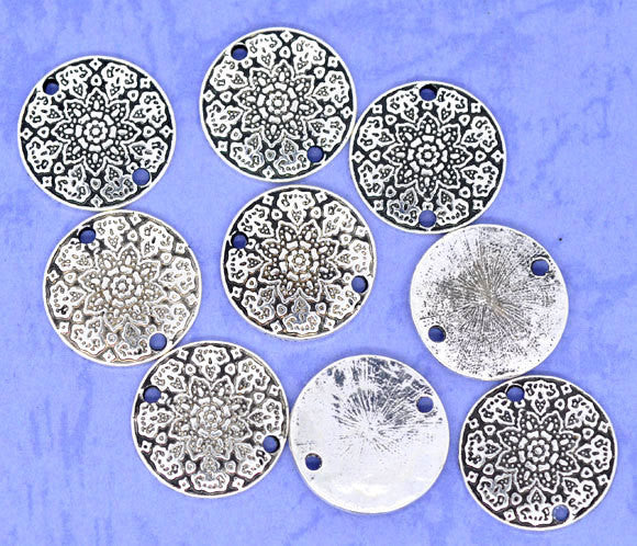 10 Silver Pewter Metal Round MANDALA  FLOWER Circle 2-hole Connector Charm Beads 19mm  chs0939