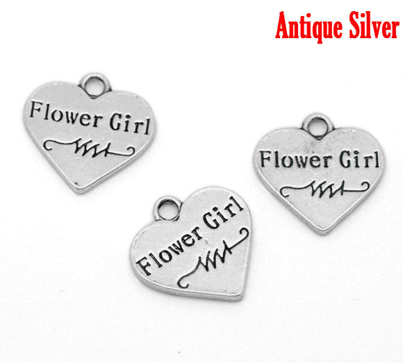 4 Silver Tone Metal Pewter "FLOWER GIRL" Heart Charm Pendants  17mm x 16mm  chs0990