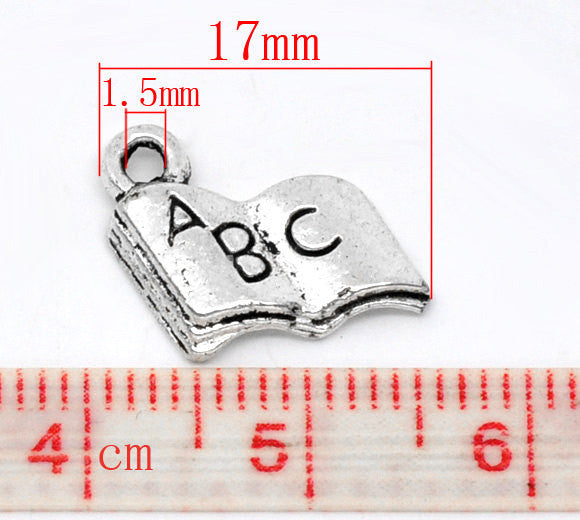 10 Silver Tone English Book Charm Pendants 17x11mm ABC Alphabet  chs0185