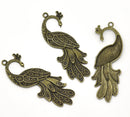 2 Large Antique Gold Bronze Metal PEACOCK Pendants  61mm x 22mm (2.5" x 7/8") chb0290