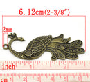 2 Large Antique Gold Bronze Metal PEACOCK Pendants  61mm x 22mm (2.5" x 7/8") chb0290