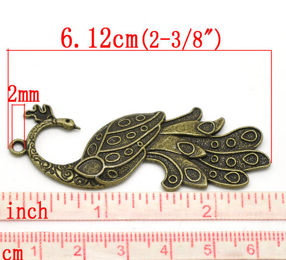 2 Large Antique Gold Bronze Metal PEACOCK Pendants  61mm x 22mm (2.5" x 7/8") chb0290