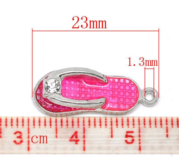 10 Silver Tone Hot Pink Enamel Rhinestone FLIP FLOP Shoes Charm Pendants. 23x9mm. Che0091b