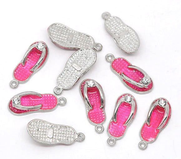 10 Silver Tone Hot Pink Enamel Rhinestone FLIP FLOP Shoes Charm Pendants. 23x9mm. Che0091b