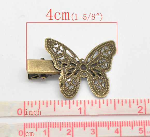 4 Antique Gold Bronze Filigree Metal BUTTERFLY Alligator Clips, great for embellishing  fin0055