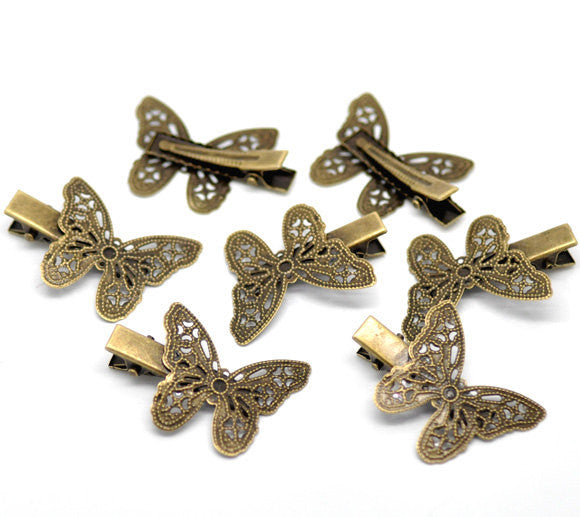 4 Antique Gold Bronze Filigree Metal BUTTERFLY Alligator Clips, great for embellishing  fin0055