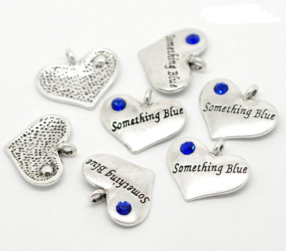 1 Silver Tone Metal Pewter "Something Blue" Heart Charm for wedding bouquets Rhinestone Pendants  22mm x 18mm  chs0970