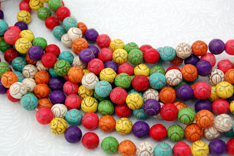 1 strand Synthetic Howlite Stone Beads CARVED SCROLL ROUND  11mm, mixed colors how0199