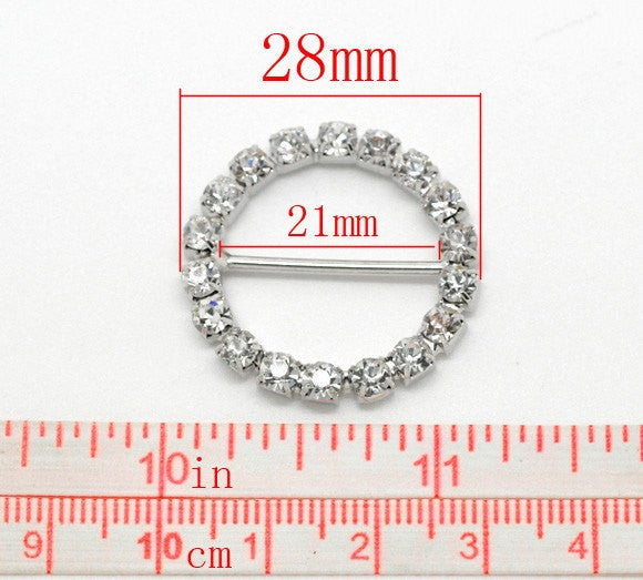 2 Silver Rhinestone Belt Buckle Findings, great for ribbon bracelets . 28mm  FIN0038