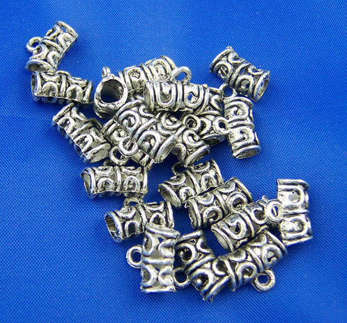 10 Antique Silver Tone Pewter Swirl Filigree Pattern Tube Spacer Beads with Bail. 11mm x 5mm FBA0005