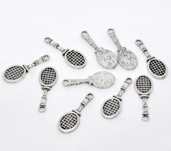 6 Antique Silver Tennis Racquet Sports Charm Pendants  29x10mm   chs0090