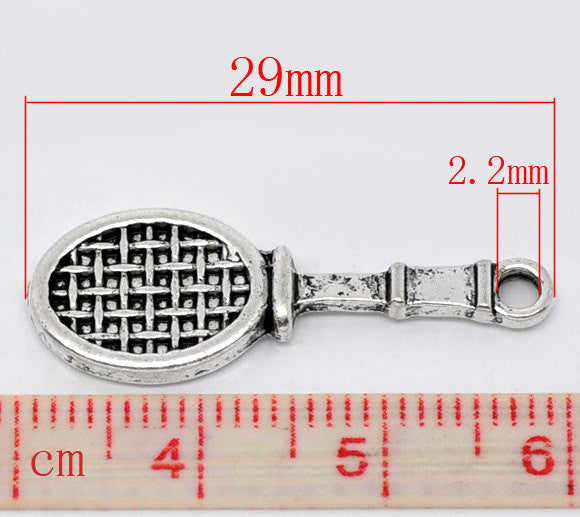 6 Antique Silver Tennis Racquet Sports Charm Pendants  29x10mm   chs0090