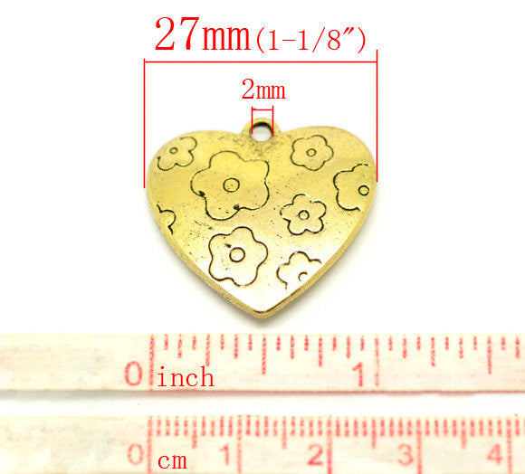 2 Large Gold Brass LOVE HEART Charm Pendants, Amore, Amour, Flowers chg0075