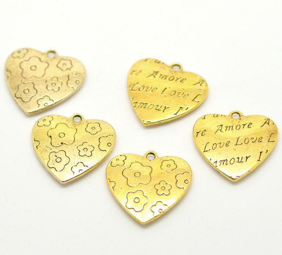 2 Large Gold Brass LOVE HEART Charm Pendants, Amore, Amour, Flowers chg0075