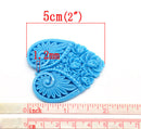 2 Large Resin Heart Medallion Pendants  2" x 1.75" (50x45mm) TURQUOISE BLUE  cab0091