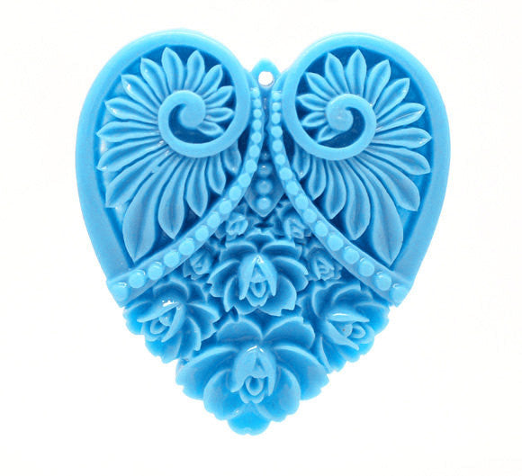 2 Large Resin Heart Medallion Pendants  2" x 1.75" (50x45mm) TURQUOISE BLUE  cab0091