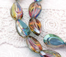 6 Crystal NORTHERN LIGHTS AB Coated Teardrop Beads, Sculpted Detail  bgl0561